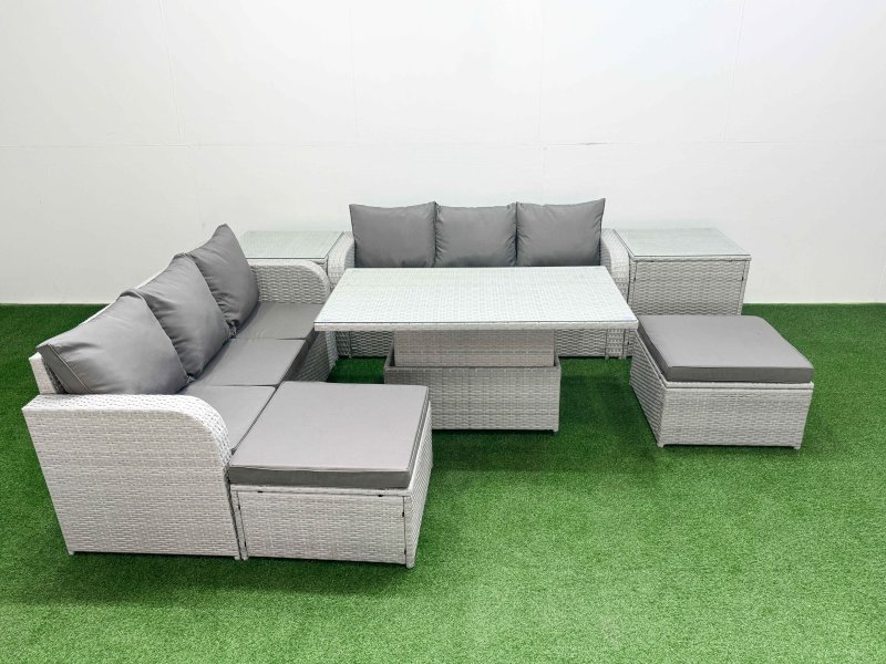 Fimous Outdoor Garden Furniture Sets 8 Seater Wicker Rattan Furniture Sofa Sets with Adjustable Lifting Dining or Coffee Table high Back Lounge Sofa 2 Big Footstool 2 Side Table Light Grey