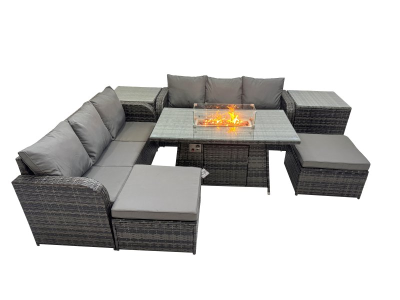 Fimous Garden Outdoor Rattan Furniture Set Rattan 3 Seater Sofa with 2 Big Stools 2 Side Tables Dark Grey Mixed