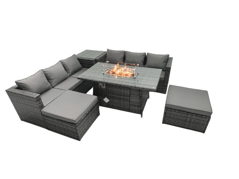Fimous Rattan Garden Furniture Firepit Dining Set 8 Seater Lounge Sofa Table Set with Side Tables 2 Footstool