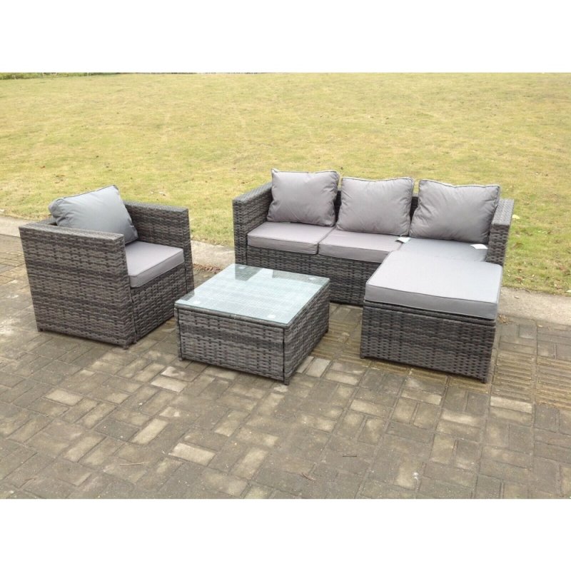 Fimous Lounge Dark Mixed Grey Rattan Sofa Set With Tables Stool Outdoor Garden Furniture Patio 5 Seater