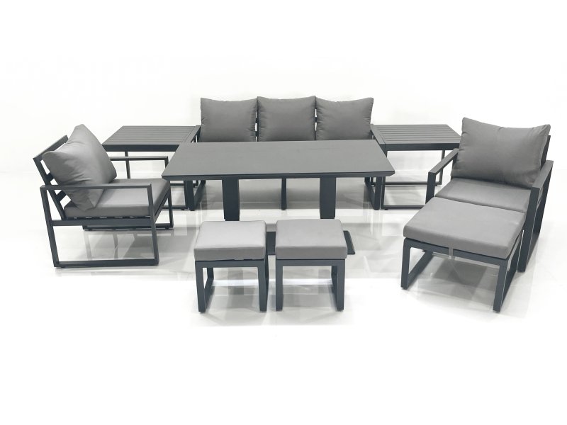 Fimous 8 Seater Aluminium Outdoor Garden Furniture Set with Adjustable Rising Lifting Dining Table 3 Seater Sofa 2 Chair 3 Footstool 2 Side Tables Dark Grey