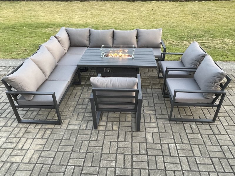Fimous Aluminium 9 Pieces Garden Furniture Corner Sofa Set with Cushions Gas Fire Pit Dining Table Set Gas Heater Burner with 3 Chairs Dark Grey