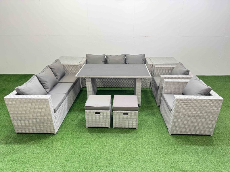 Fimous 10 Seater Wicker PE Rattan Furniture Outdoor Dining Table 3 Seater Sofa Armchair Set with 2 Side Tables 2 Small Stools Light Grey