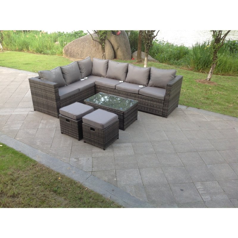 Fimous 8 Seater Grey Rattan Corner Sofa Set Coffee Oblong Coffee Table Outdoor Garden Furniture Patio