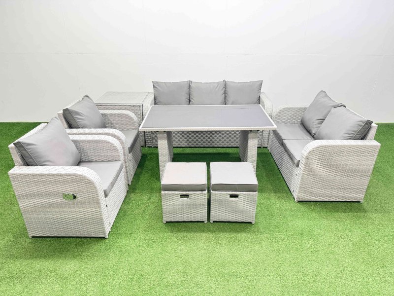 Fimous 9 Seater Garden Furniture Set PE Ratten Garden Sofa Set with Rectangular Dining Table 2 Small Stools Side Table Light Grey