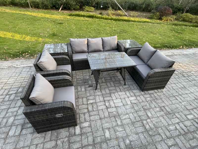 Fimous 7 Seater High Back PE Rattan Sofa Set Outdoor Garden Furniture Dining Table Set With Reclining Chair 3 Seater Sofa Love Sofa 2 Side Tables