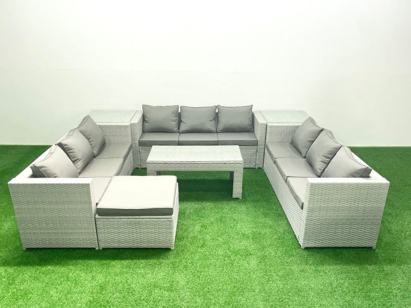 Fimous Rattan Garden Outdoor Furniture Set 10 Seater Garden Sofa Oblong Coffee Table Set with Big Footstool 2 Side Tables Light Grey Mixed