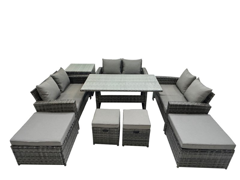 Fimous 10 Seater Wicker PE Rattan Furniture Outdoor Dining Table Double Seat Sofa Side Table 4 Stools Set Dark Grey Mixed