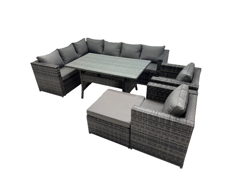 Fimous Outdoor PE Rattan Sofa Set with Dining Table Patio Garden Furniture Sets with 2 Chairs Big Stool Dark Grey Mixed