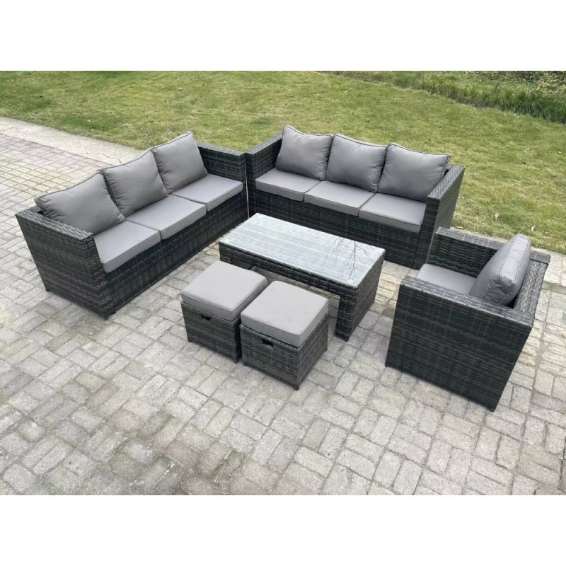 Fimous Outdoor Rattan Garden Furniture Lounge Sofa Set With Oblong Rectagular Coffee Table Arm Chair 2 Stools