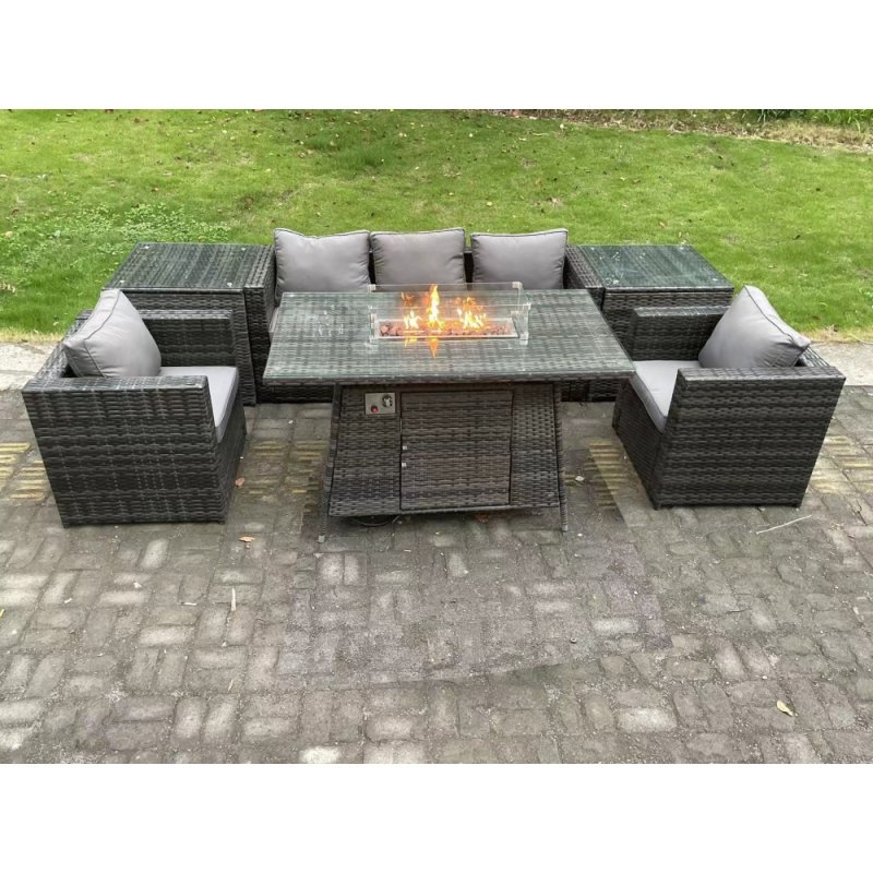 Fimous 5 Seater Outdoor PE Rattan Garden Furniture Set Gas Fire Pit Dining Table Gas Heater Burner With Sofa Armchairs Big Footstool Dark Grey Mixed