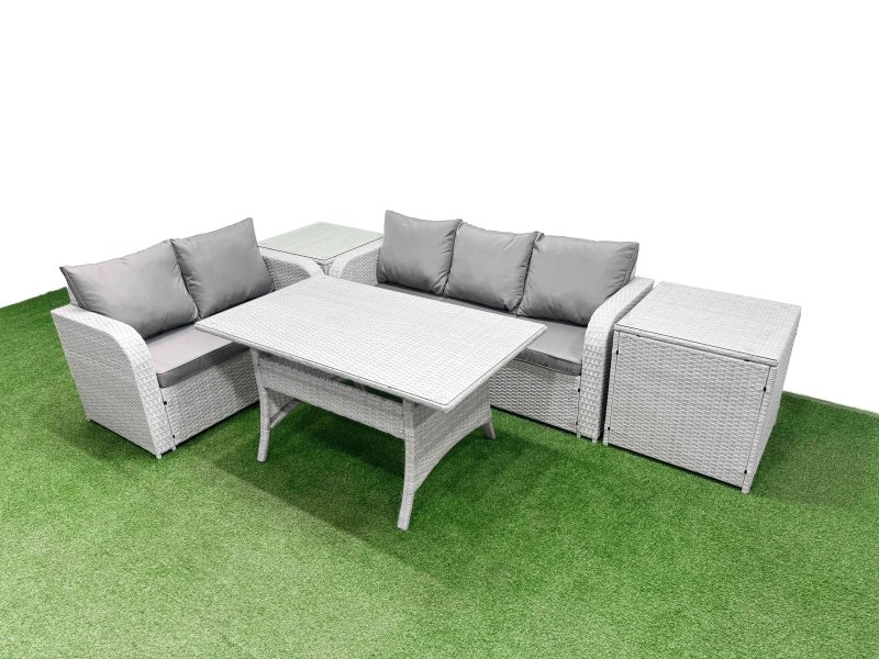 Fimous 5 Seater PE Rattan Wicker Garden Furniture Patio Conservatory Sofa Set with Rectangular Dining Table 3 Seater Sofa Love Sofa 2 Side Table