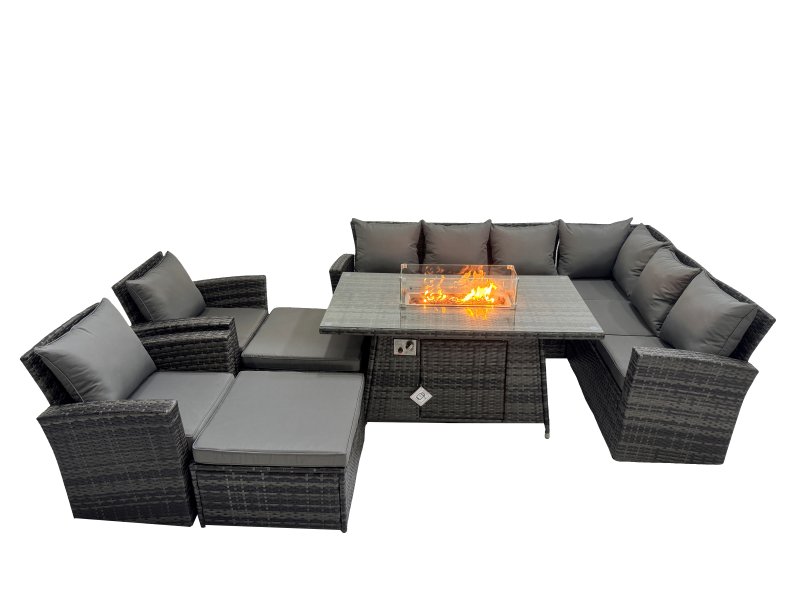 Fimous Outdoor Furniture Garden Dining Set Rattan Corner Sofa Chair Set Gas Fire Pit Table with Temper Glass 2 Big Footstools Dark Grey Mixed