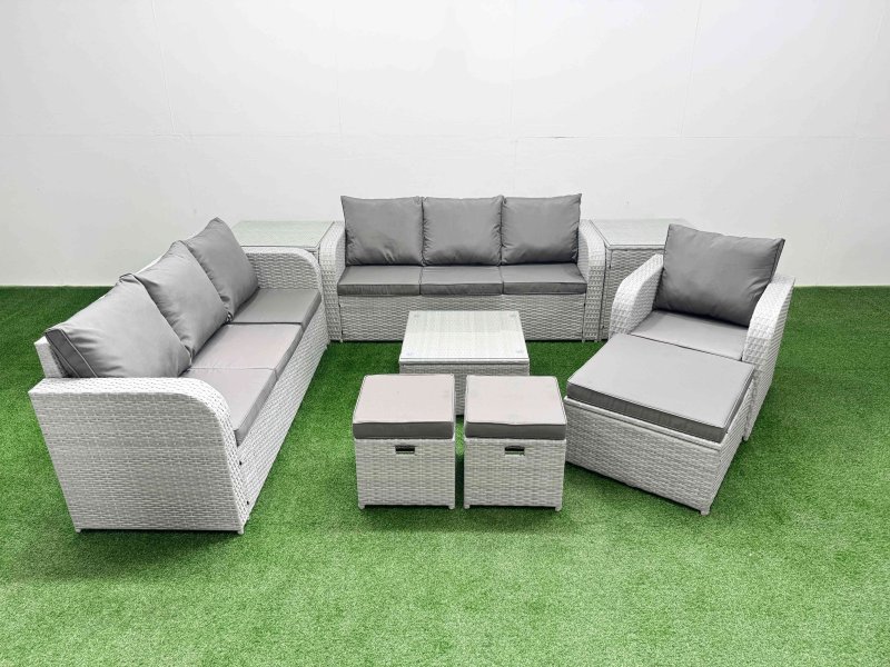Fimous 10 Seater Poly Rattan Outdoor Garden Furniture Square Coffee Table Sofa Set Patio 3 Seater Sofa Reclining Chair 3 Seater Sofa 3 Stools 2 Side Table Light Grey