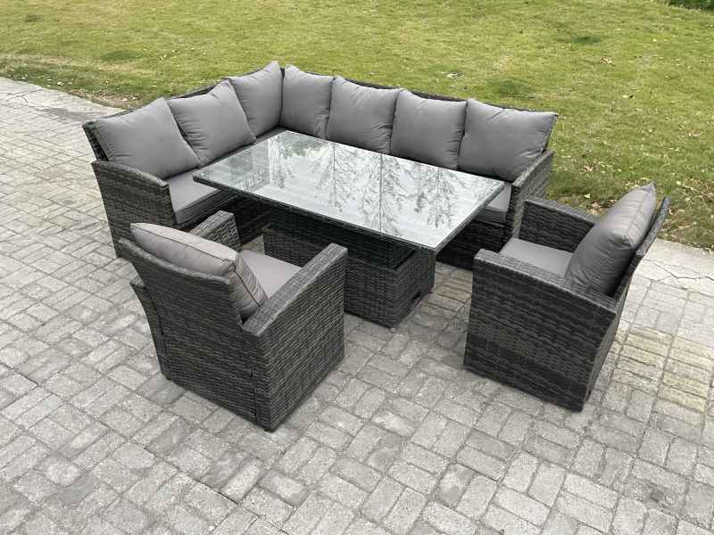 Fimous Wicker PE Outdoor Rattan Garden Furniture Set Height Adjustable Rising Lifting Table Sofa Dining Set with 2 Armchairs Dark Grey Mixed