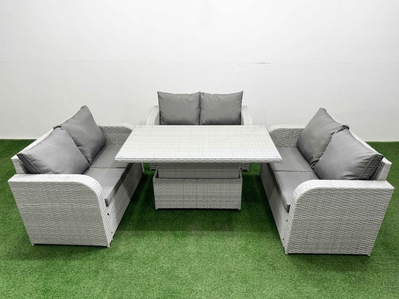 Fimous 6 Seater PE Wicker Rattan Furniture Sofa Sets with Adjustable Lifting Dining or Coffee Table 2 Seater Love Sofa Light Grey