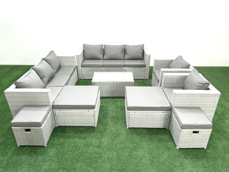 Fimous 9 Pieces Rattan Garden Furniture Set Outdoor Garden Sofa Chair Coffee Table Set with 4 Footstools Light Grey Mixed