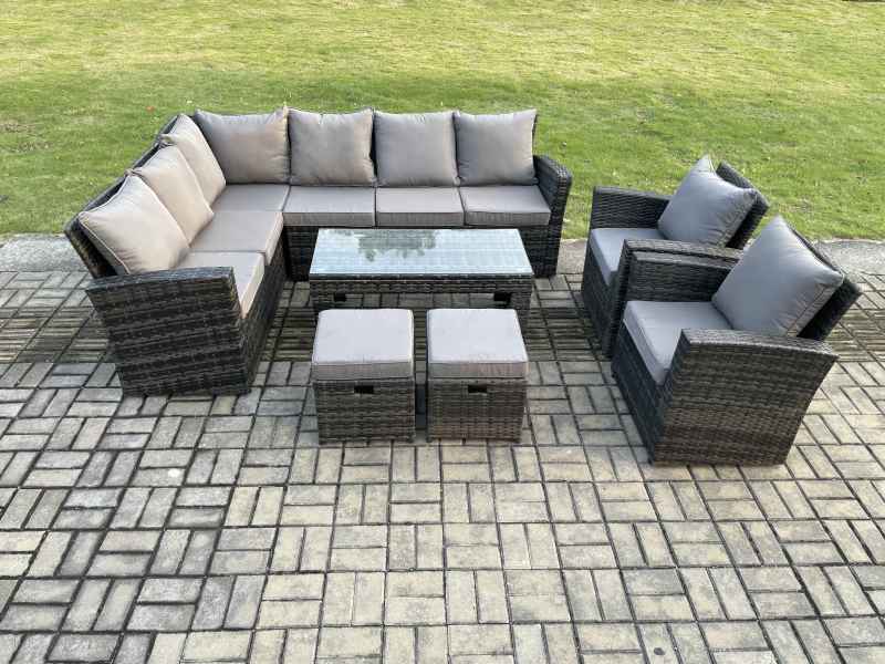 Fimous 10 Seat Rattan Garden Furniture Corner Sofa Set Outdoor Patio Sofa Chair Table Set with 2 Small Footstools Dark Grey Mixed