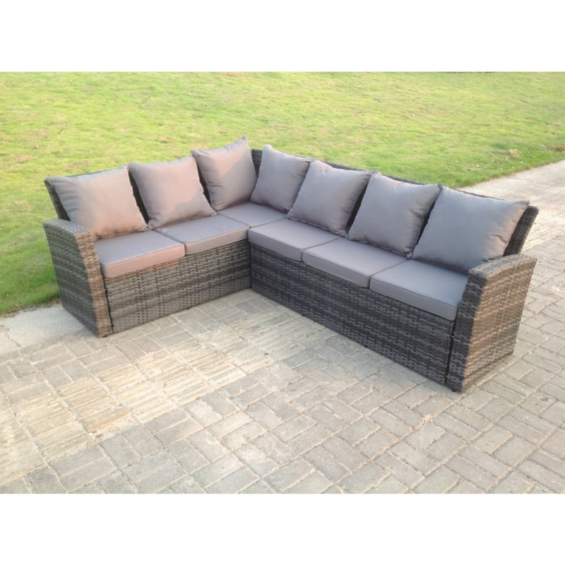 Fimous 6 Seater High Back Rattan Garden Furniture Set Corner Sofa With Black Tempered Glass Dining Table