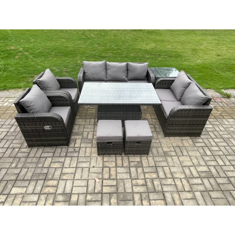 Fimous Wicker PE Rattan Outdoor Garden Furniture Sets Height Adjustable Rising lifting Dining Table Reclining Chair Sofa Set with Side Table 2 Small Footstools Dark Grey Mixed