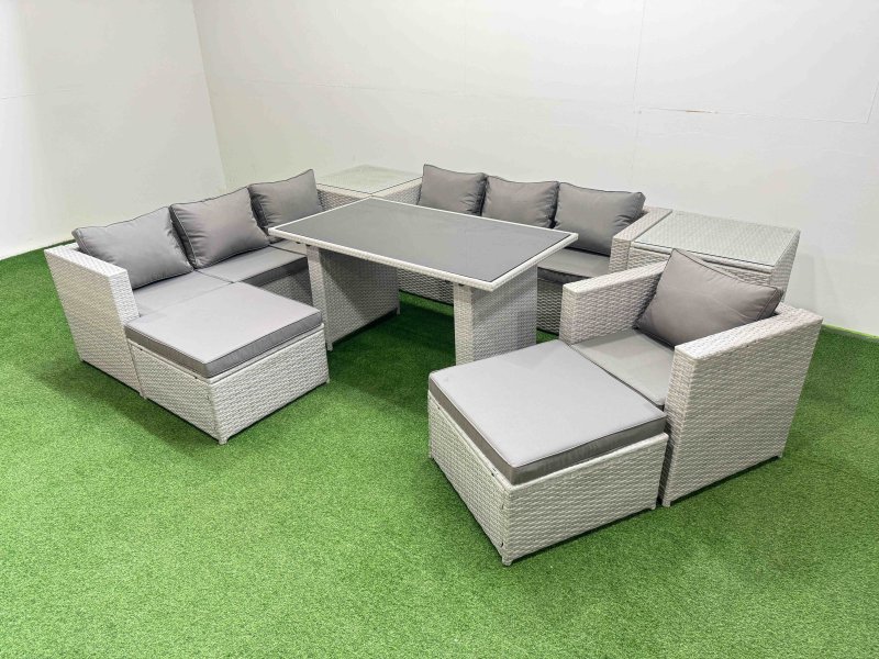 Fimous Patio Garden Furniture Sets with Black Glass Top Dining Table 3 Seater Sofa Armchair 2 Side Tables 2 Big Stool Light Grey