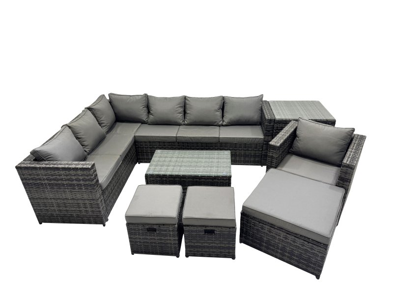 Fimous Outdoor Rattan Rectangular Coffee Table Corner Sofa Sets Garden Furniture Set with Side Table 2 Small Stools Dark Grey Mixed
