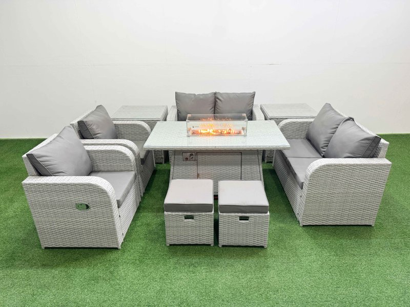 Fimous 8 Seater Outdoor Reclining Chair Love Sofa Set Rattan Garden Furniture Set with Firepit Dining Table 2 Stools 2 Side Table Light Grey