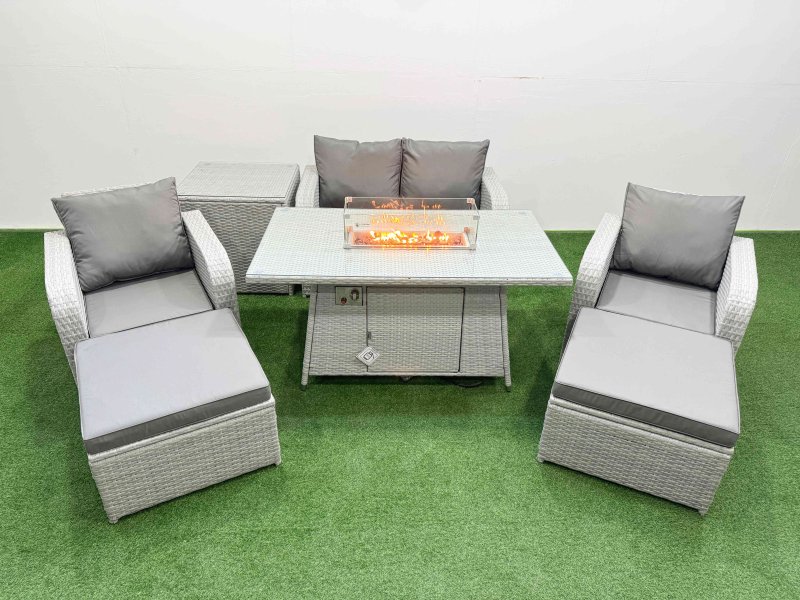 Fimous Light Grey PE Wicker Rattan Garden Furniture Set Sofa Set Reclining Chair Firepit Dining Table 6 Seater 2 Big Stools Side Table