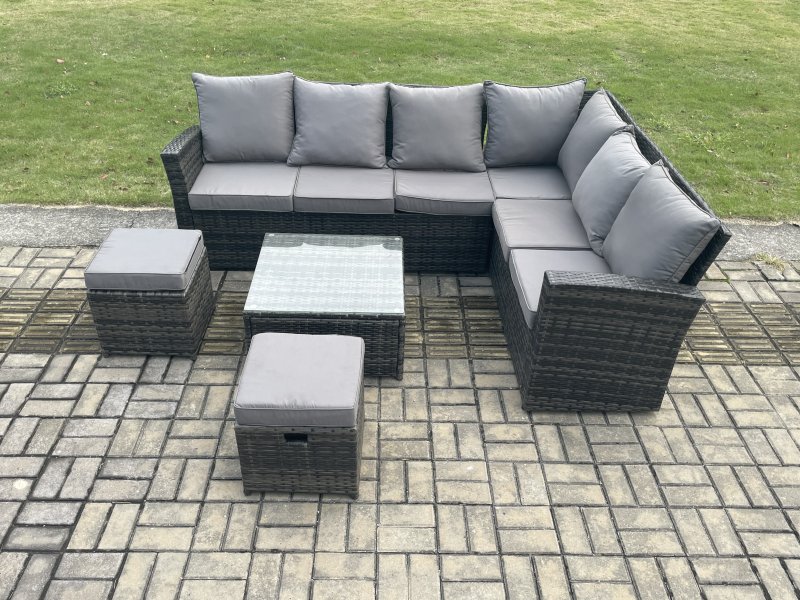 Fimous Rattan Garden Furniture Set Outdoor Lounge Corner Sofa Set With Square Coffee Table 2 Small Footstools 8 Seater Dark Grey Mixed