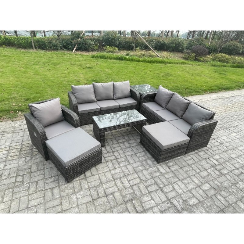 Fimous Outdoor Lounge Sofa Set 9 Seater Rattan Garden Furniture Set with Rectangular Coffee Table 2 Big Footstool 3 Seater Sofa Side Table Dark Grey Mixed