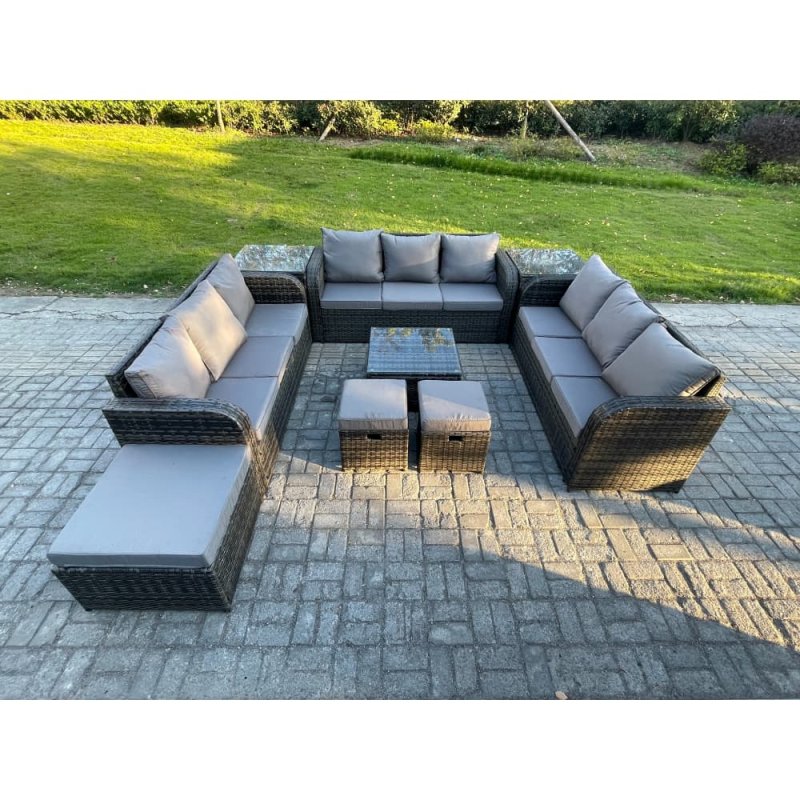 Fimous 12 Seater Rattan Outdoor Furniture Set Patio Garden Sofa Set with Square Coffee Table 3 Seater Sofa 3 Footstools 2 Side Tables Dark Grey Mixed