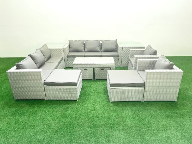 Fimous Rattan Garden Furniture Set Outdoor Lounger Sofa with Coffee Table 4 Footstools 2 Side Tables Light Grey Mixed 12 Seater