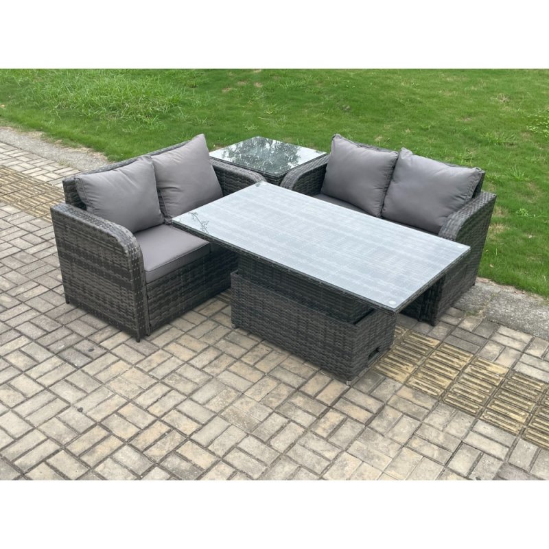 Fimous Outdoor Rattan Furniture Garden Dining Set Height Adjustable Rising lifting Table Love Sofa Set With Side Table Dark Grey Mixed