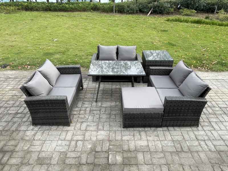 Fimous 7 Seater Rattan Wicker Garden Furniture Patio Conservatory Sofa Set with Rectangular Dining Table Love Seat Sofa Big Footstool Side Table