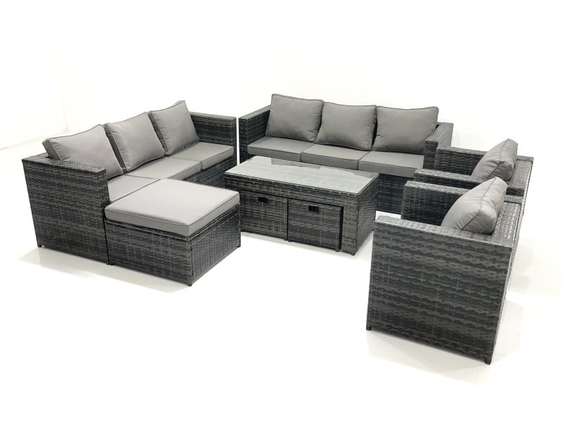 Fimous Rattan Garden Furniture Sofa Set with Coffee table Armchair 3 Footstools Dark Grey Mixed
