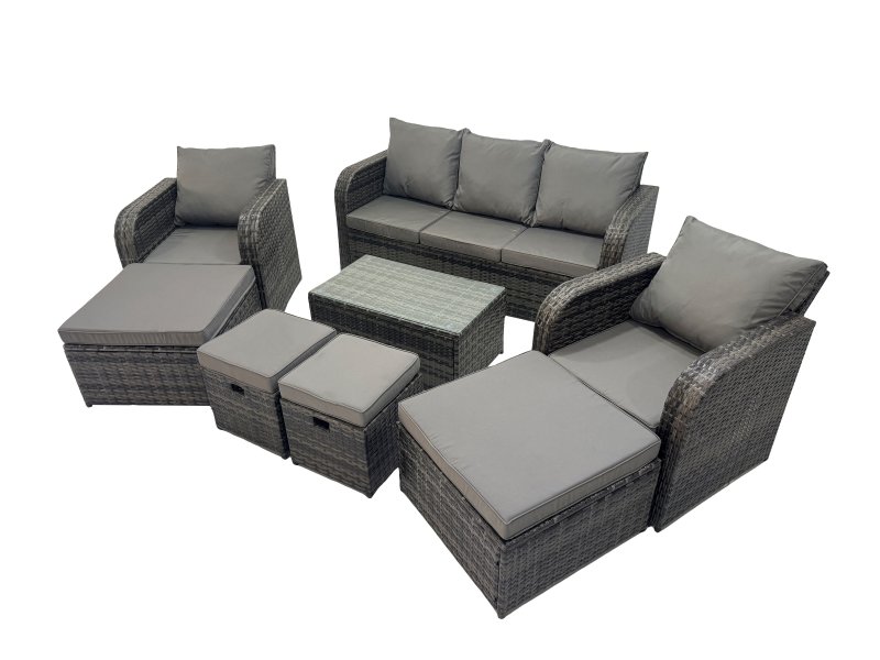 Fimous Outdoor Reclining Chair 3 Seater Sofa Coffee Table Set Garden Rattan Furniture Set 9 Seater with 4 Stools Dark Grey