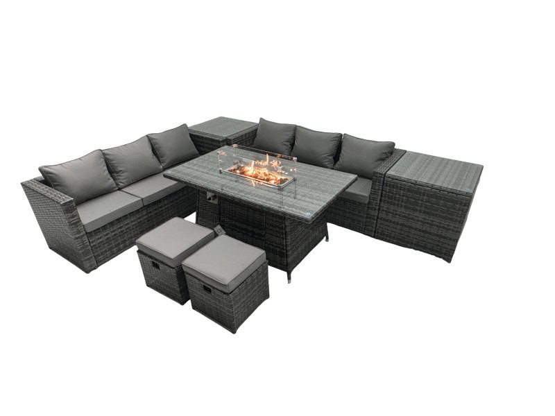 Fimous Rattan Garden Furniture Firepit Dining Set 8 Seater Lounge Sofa Table Set with 2 Small Footstools