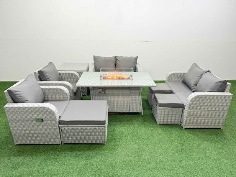 Fimous 9 Seater Outdoor Reclining Chair Love Sofa Set Rattan Garden Furniture Set with Firepit Dining Table 3 Stools Side Table Light Grey
