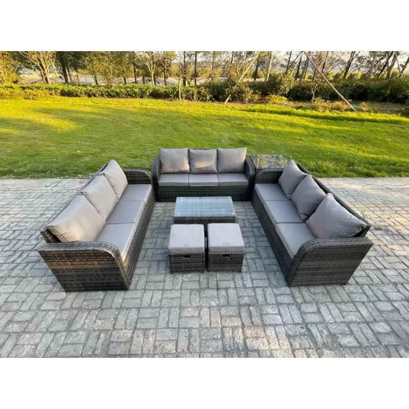 Fimous Rattan Lounge Sofa Set 11 Seater Outdoor Garden Furniture Set with Rectangular Coffee Table 3 Seater Sofa Side Table 2 Small Footstools Dark Grey Mixed