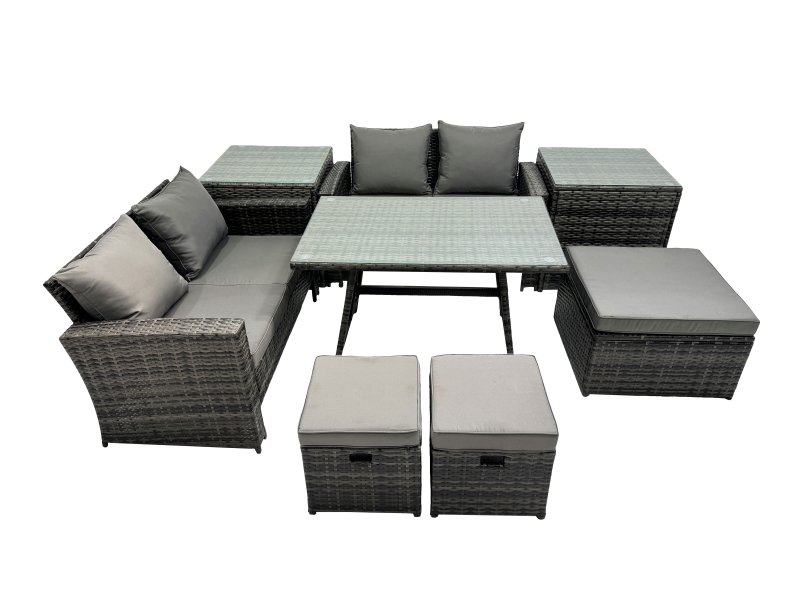 Fimous 7 Seater Wicker PE Rattan Furniture Outdoor Dining Table Double Seat Sofa 3 Stools 2 Side Table Set Dark Grey Mixed
