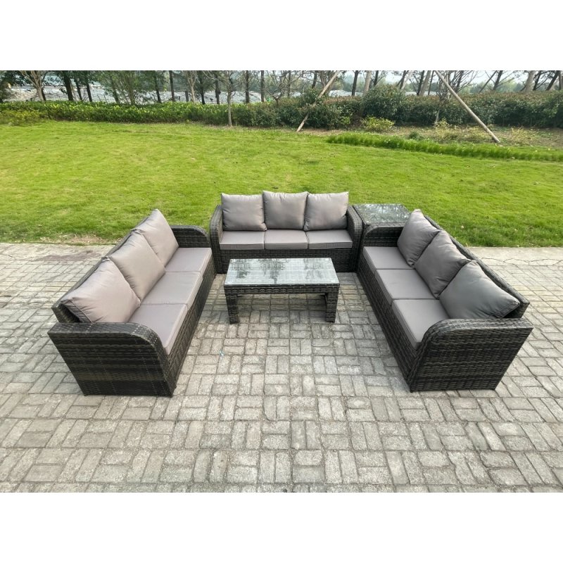 Fimous Outdoor Lounge Sofa Set Rattan Garden Furniture Set with Rectangular Coffee Table Side Table 3 Seater Sofa Dark Grey Mixed
