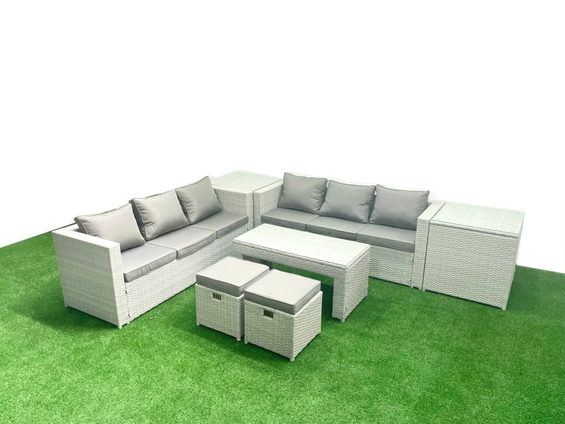 Fimous 8 Seater Garden Outdoor Rattan Furniture Set Rattan Garden Sofa Oblong Coffee Table with 2 Small Footstool 2 Side Tables Light Grey Mixed