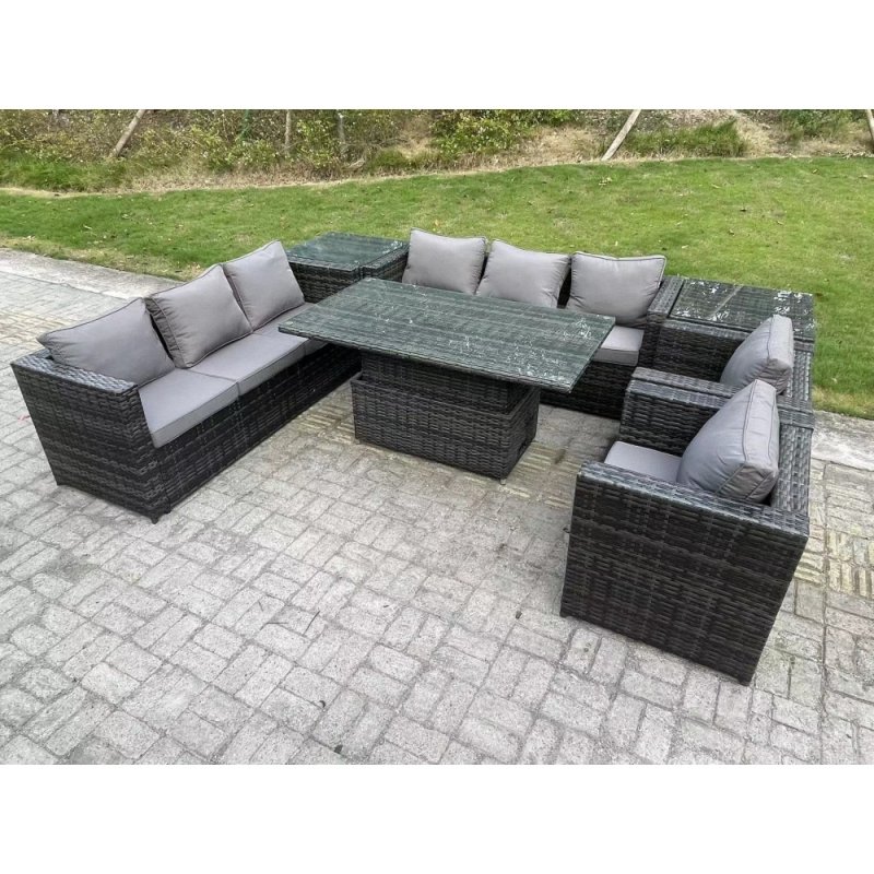 Fimous Wicker PE Garden Furniture Rattan Sofa Set Outdoor Adjustable Rising Lifting Dining Table Set with 2 Armchairs 2 Side Tables Dark Grey Mixed