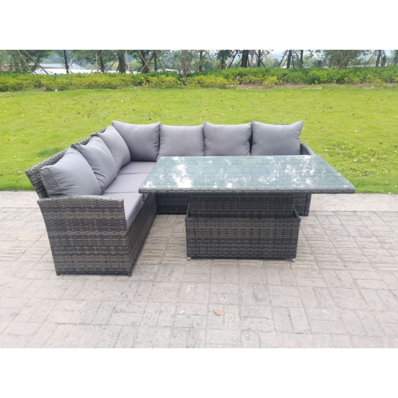 Fimous High Back Corner Rattan Garden Furniture Sofa Dining Rising Table Height Adjustable 6 Seater