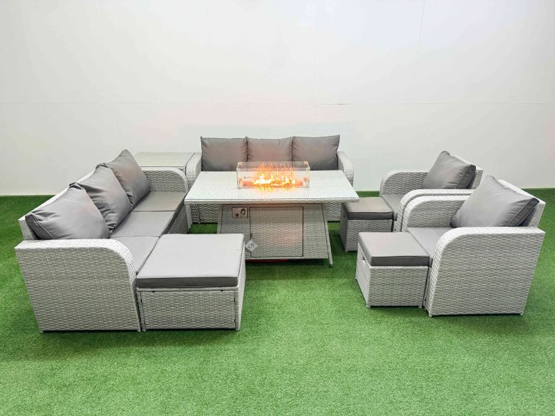 Fimous PE Rattan High Back Lounge Sofa Set Patio Firepit Dining Table & Chairs Set with 3 Seater Sofa Reclining Chair 3 Stools Side Table Light Grey