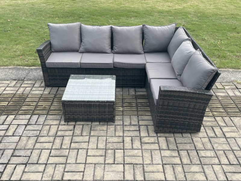Fimous 6 Seater Wicker PE Outdoor Garden Furniture Set High Back Rattan Corner Sofa Set with Square Coffee Table