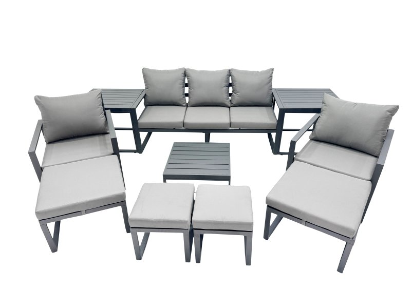 Fimous Outdoor Garden Furniture Set Aluminium Lounge Sofa Square Coffee Table Sets with 4 Stools 2 Side Tables Dark Grey