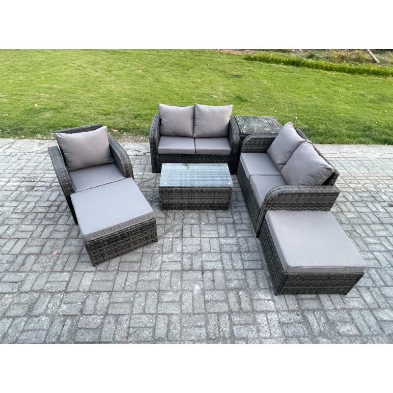 Fimous 7 Seater High Back Rattan Garden Furniture Set with Loveseat Sofa Rectangular Coffee Table 2 Big Footstool Side Table Indoor Outdoor Patio Lounge Sofa Set Dark Grey Mixed