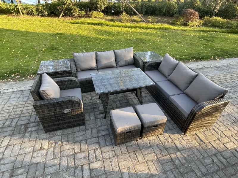 Fimous Wicker 8 Pieces Rattan Garden Furniture Sofa Set with Rectangular Dining Table Armchair 2 Small Footstools 2 Side Tables Dark Grey Mixed