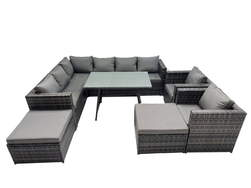 Fimous 10-seater Outdoor PE Rattan Sofa Set with Dining Table Patio Garden Furniture Sets with 2 Chair 2 Big Stools Dark Grey Mixed